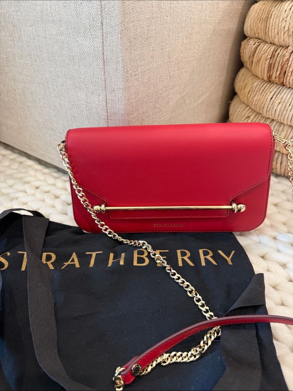 Strathberry Red Leather Crossbody with Gold Bar and Chain